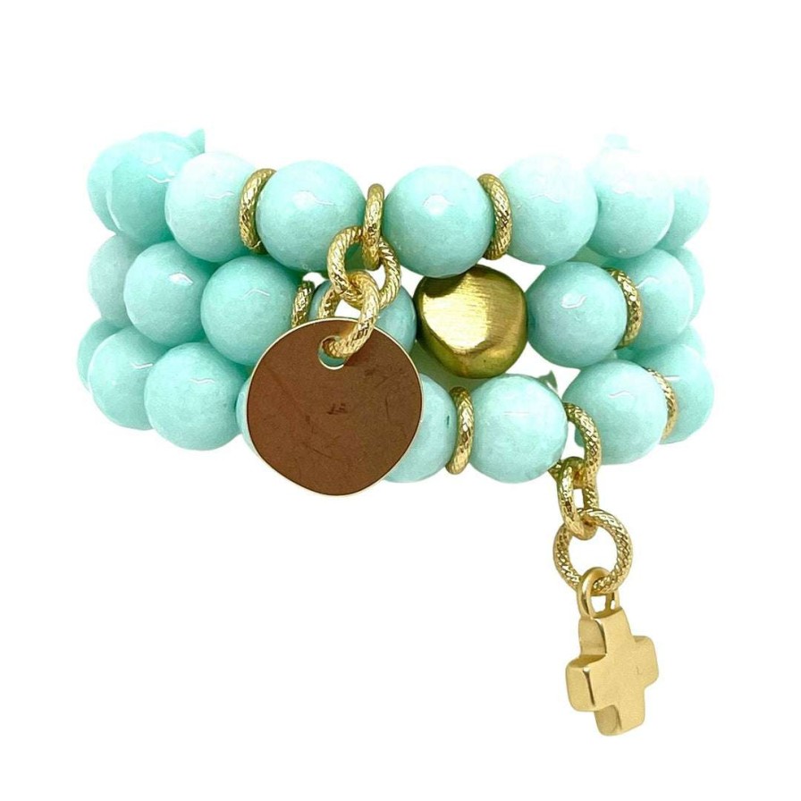 Bracelets * | Deborah Grivas Aqua Jade Stretch Bracelet With Gold Nugget Accent New Arrivals