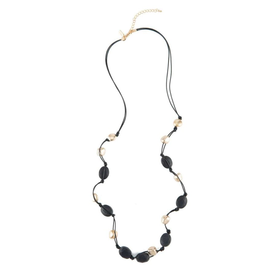 Necklaces * | Deborah Grivas Necklaces Matte Black Crystal And Matte Gold Pebble Bead Black Leather Layer Necklace