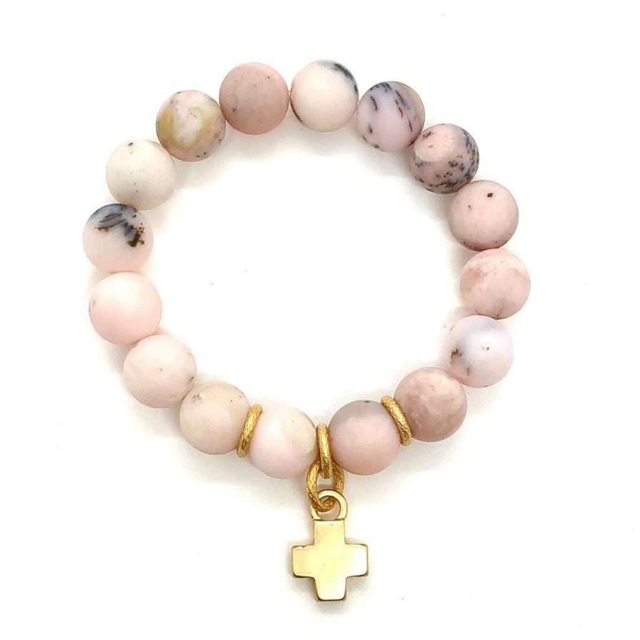 Bracelets * | Deborah Grivas Matte Pink Opal Matte Gold Cross Charm Stretch Bracelet New Arrivals