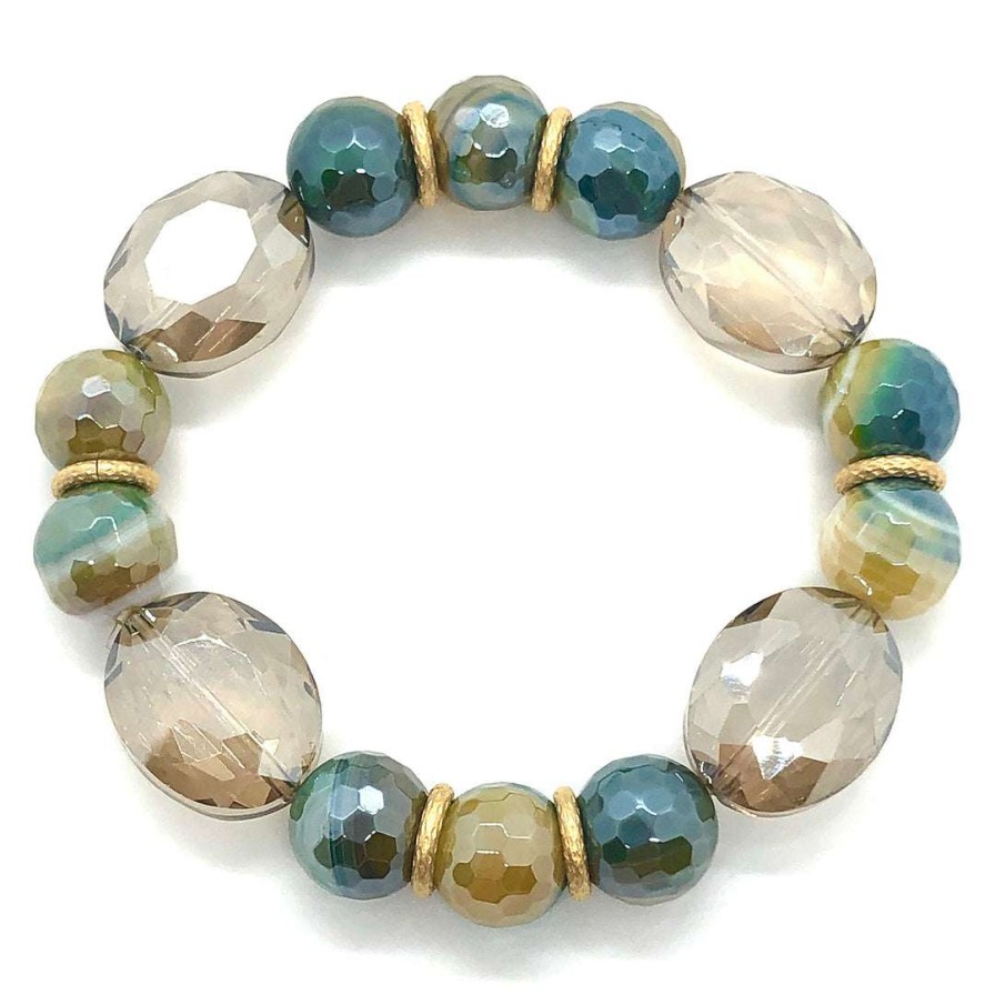 Bracelets * | Deborah Grivas Oval Champagne Crystal Oval With Teal And Yellow Glazed Agate Stretch Bracelet Bracelets