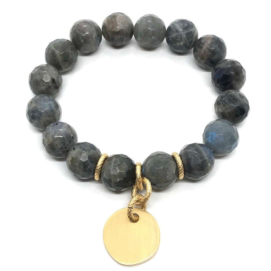 Bracelets * | Deborah Grivas Bracelets Natural Labradorite With Matte Gold Charm Stretch Bracelet