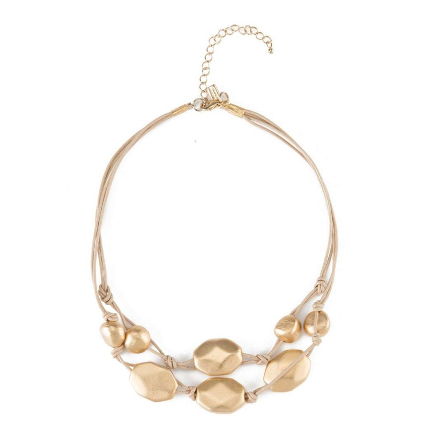 Necklaces * | Deborah Grivas Necklaces Matte Gold Plate Bead Two Strand Graduated Putty Leather Necklace