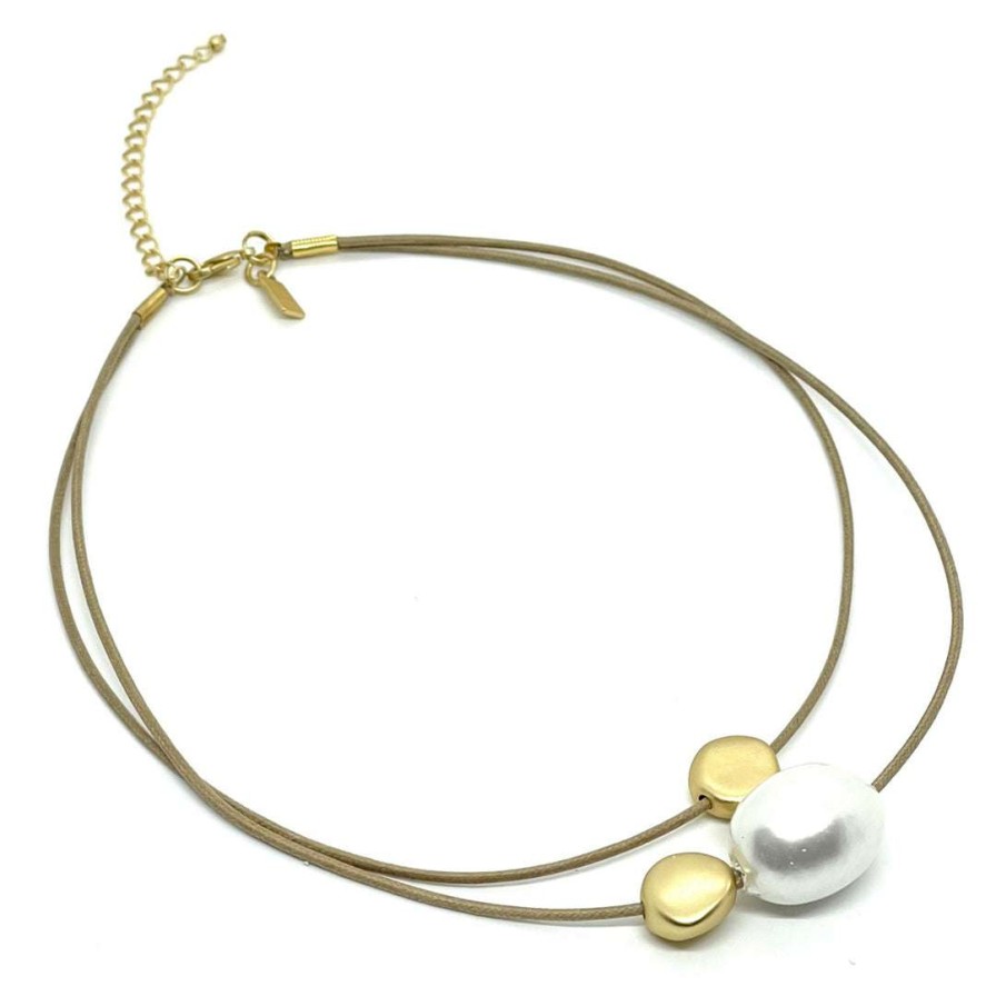 Necklaces * | Deborah Grivas Cotton Pearl And Matte Gold Bead Waxed Natural Linen Graduated Necklace New Arrivals