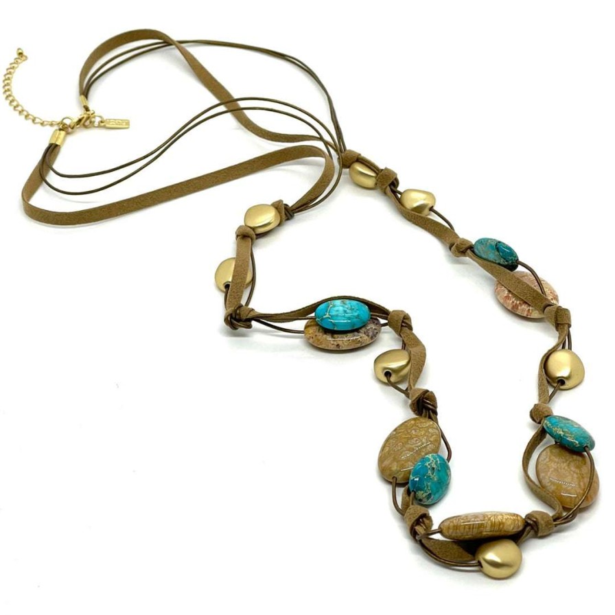 Necklaces * | Deborah Grivas Yellow Fossil Coral With Turquoise Jasper Matte Gold Bronze Suede Layer Necklace