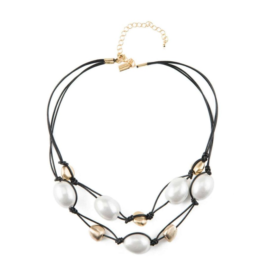 Necklaces * | Deborah Grivas White Cotton Pearl And Matte Gold Plate Graduated Black Leather Necklace