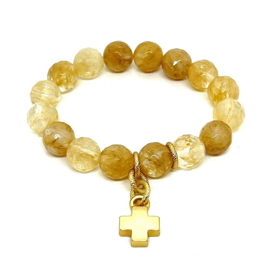 Bracelets * | Deborah Grivas Citrine Stretch Bracelet With Matte Gold Cross