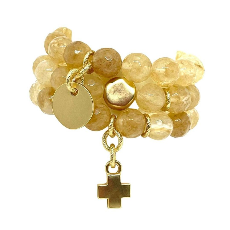 Bracelets * | Deborah Grivas Citrine Stretch Bracelet With Matte Gold Cross