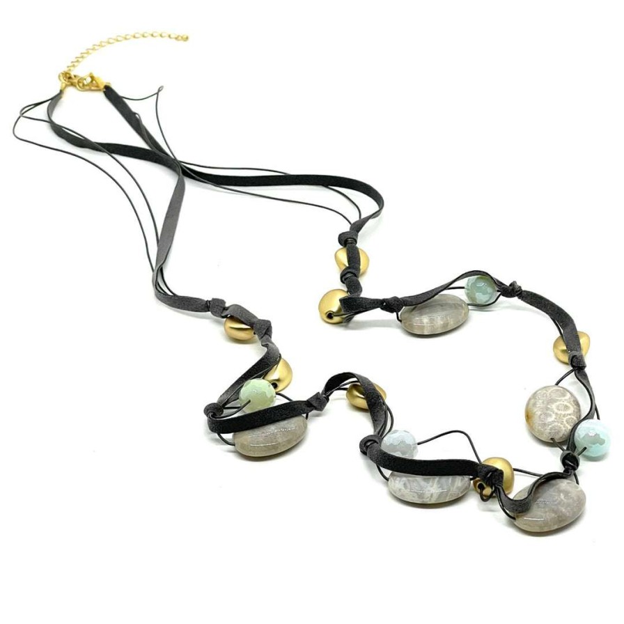 Necklaces * | Deborah Grivas Gray Fossil Coral With Aqua Agate Matte Gold Gray Suede Layer Necklace New Arrivals