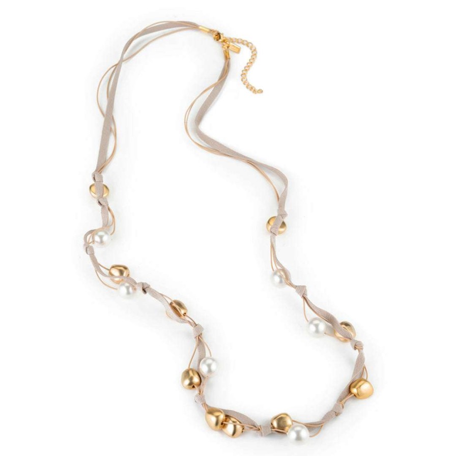 Necklaces * | Deborah Grivas Matte Gold Bead And Pearl Suede Long Layer Necklace New Arrivals