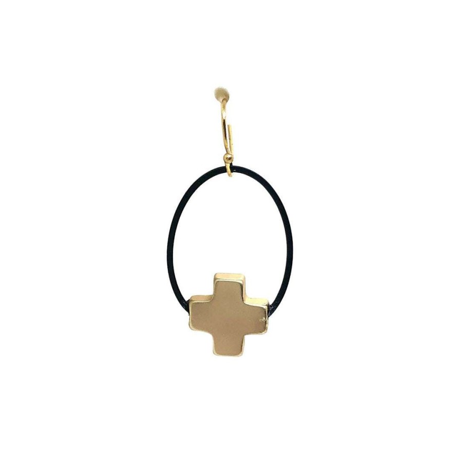 Earrings * | Deborah Grivas Matte Gold Cross Inset Matte Black Oval Earrings