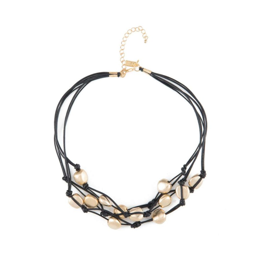 Necklaces * | Deborah Grivas Necklaces Matte Gold Bead Three Strand Black Leather Necklace