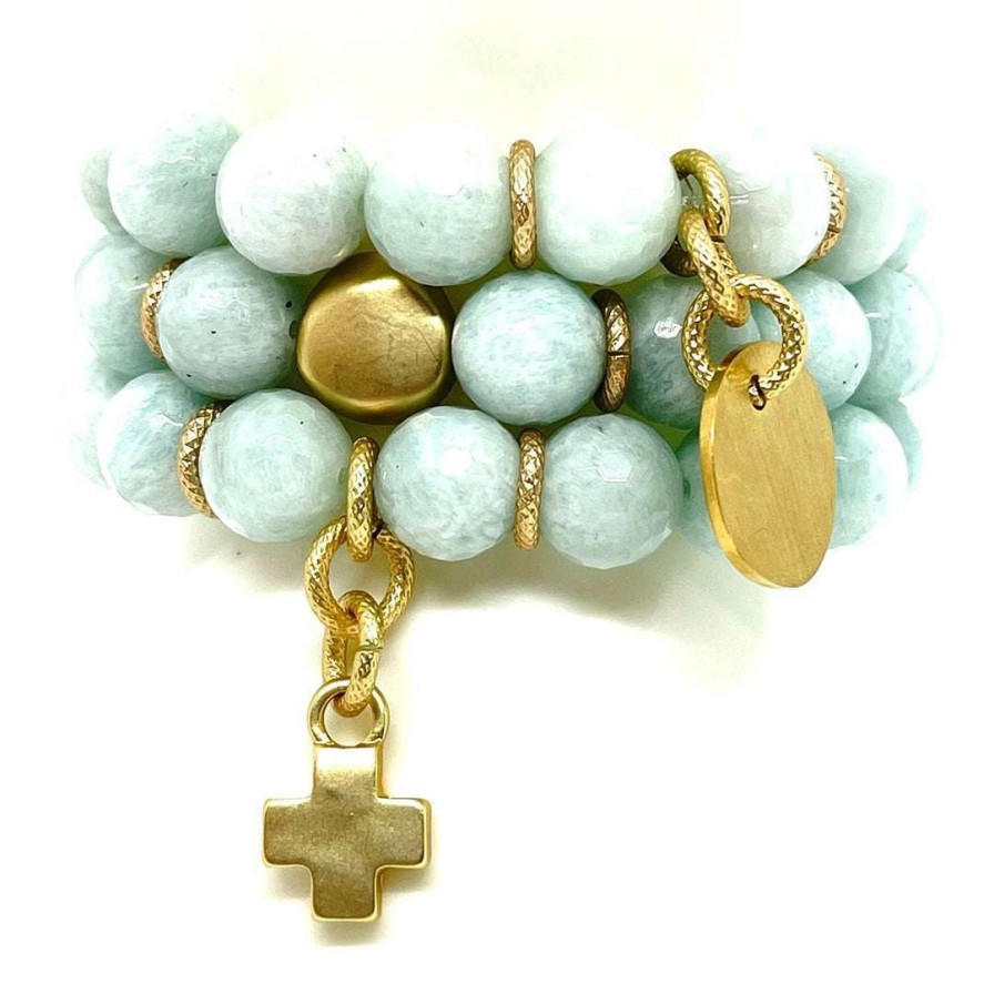 Bracelets * | Deborah Grivas Amazonite Matte Gold Charm Stretch Bracelet New Arrivals