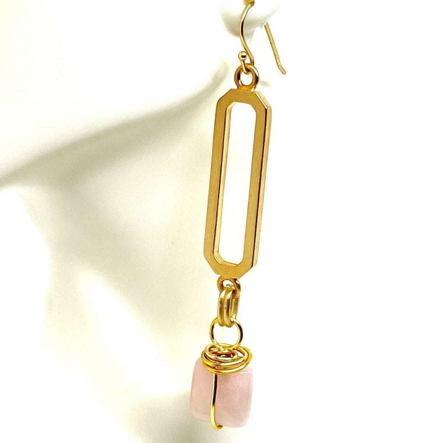 Earrings * | Deborah Grivas Paperclip Rose Quartz Drop Matte Gold Earrings