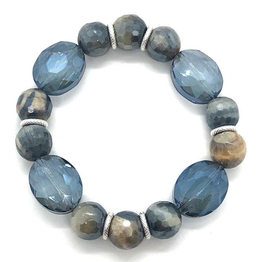 Bracelets * | Deborah Grivas Bracelets Labradorite Blue And Cream Glazed Agate With Oval Crystal Stretch Bracelet