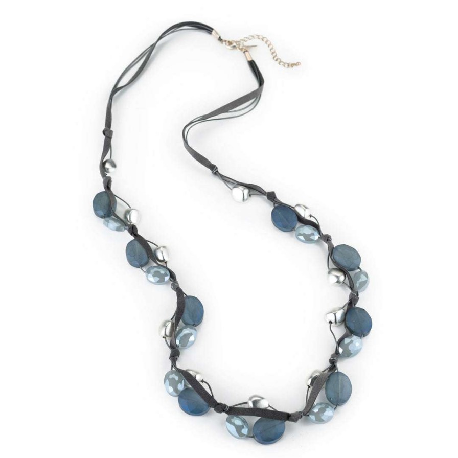 Necklaces * | Deborah Grivas Matte Labradorite Oval Crystal,Blue Velvet Crystal And Silver Long Layer Necklace