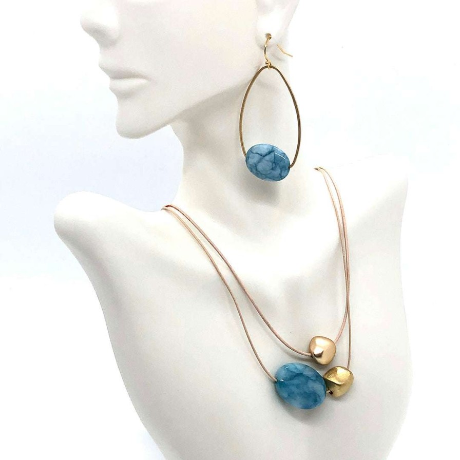 Necklaces * | Deborah Grivas New Arrivals Blue Larimar Oval With Matte Gold Bead Graduated Putty Leather Necklace