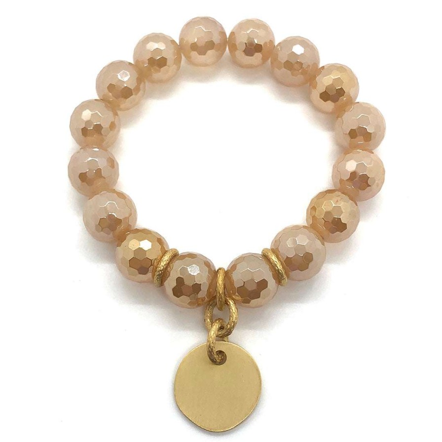 Bracelets * | Deborah Grivas Bracelets Champagne Glazed Agate Stretch Bracelet With Charm