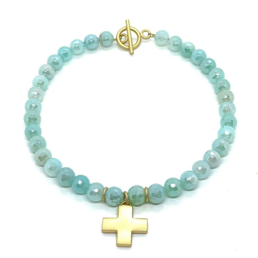 Necklaces * | Deborah Grivas New Arrivals Aqua Glazed Agate Cross Necklace