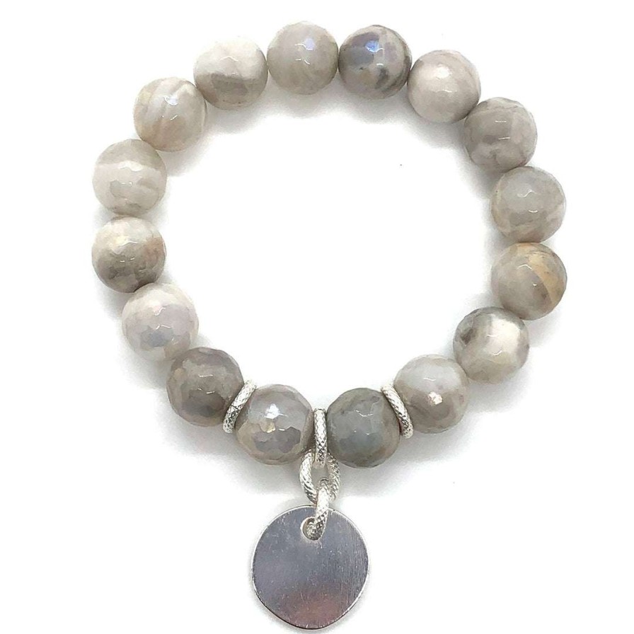 Bracelets * | Deborah Grivas Gray Snowflake Glazed Agate Stretch Bracelet With Charm Bracelets