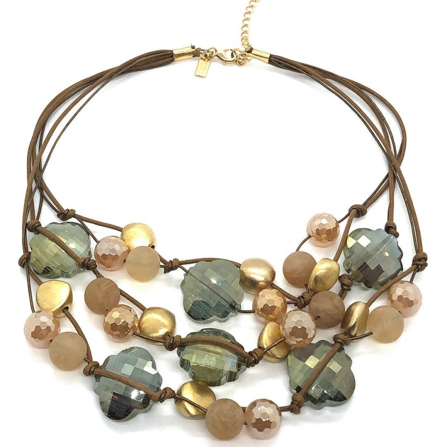 Necklaces * | Deborah Grivas Necklaces Olive Clover Shape Crystal With Matte Champagne Glazed Agate And Matte Gold Toursade Necklace