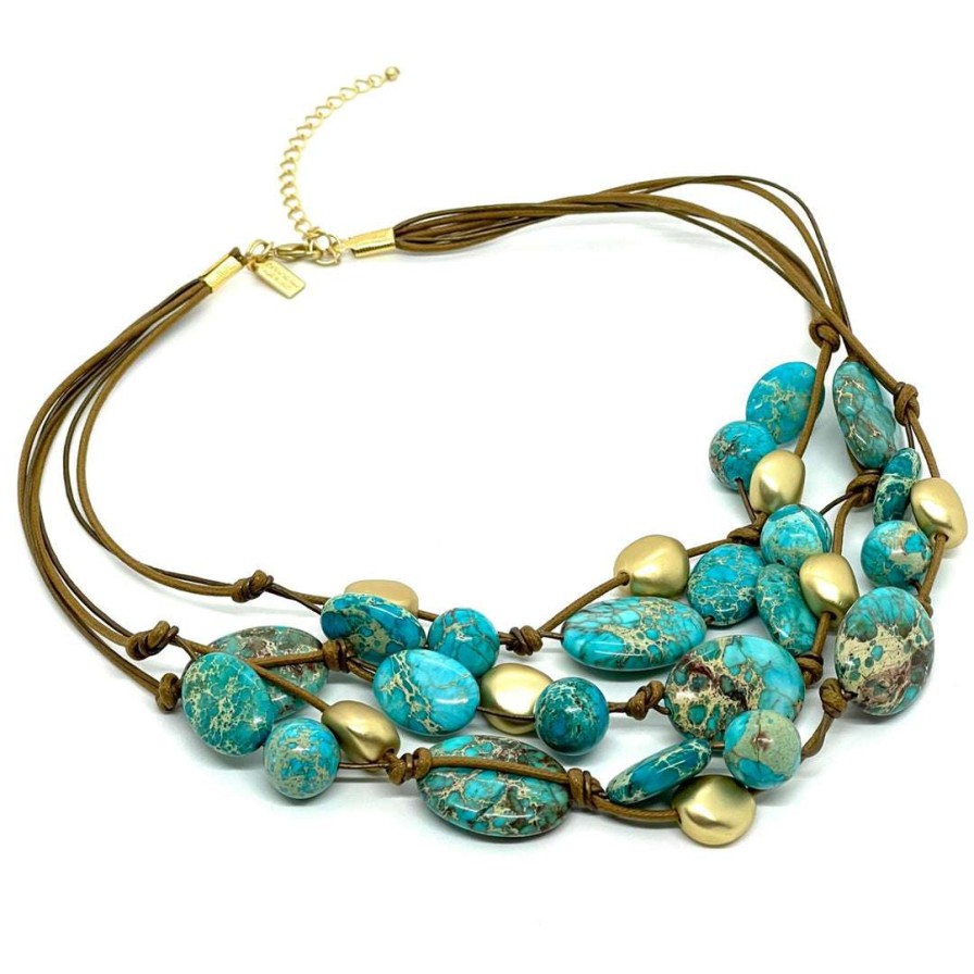 Necklaces * | Deborah Grivas Turquoise Aqua Terra Jasper, Matte Gold Bead With Bronze Waxed Linen And Leather Toursade Necklace