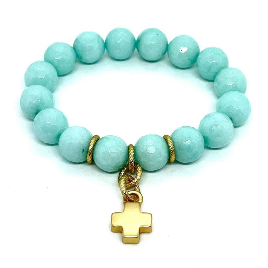 Bracelets * | Deborah Grivas Aqua Jade Stretch Bracelet With Matte Gold Cross Charm