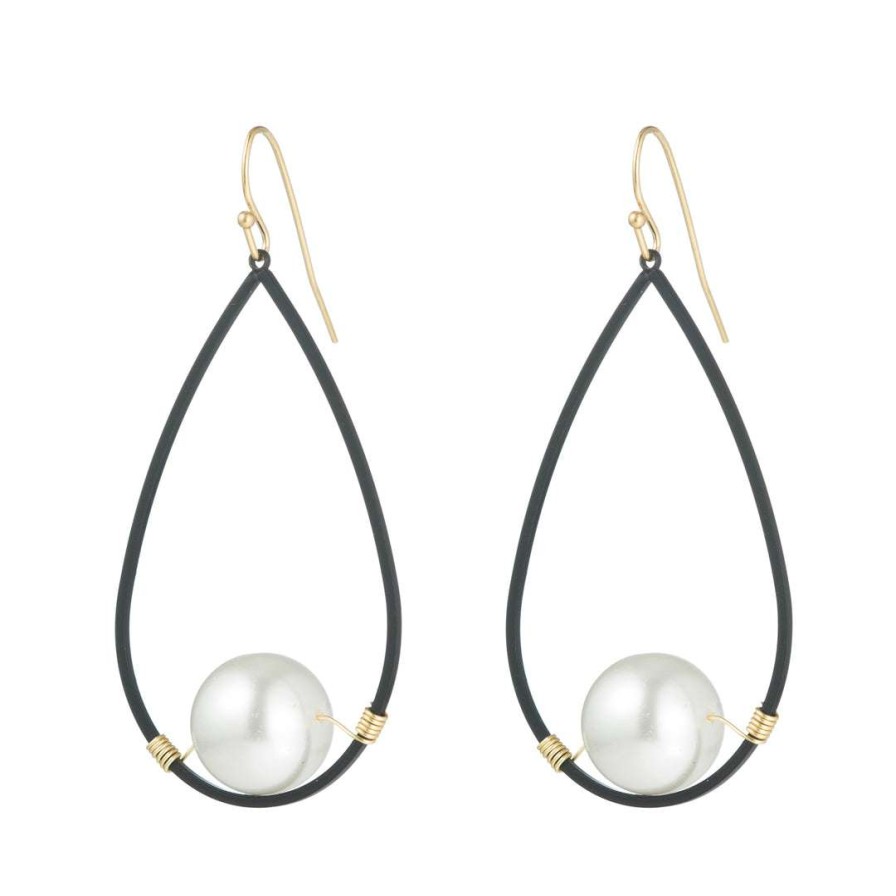 Earrings * | Deborah Grivas Glass Pearl On Matte Black Teardrop Earring Earrings