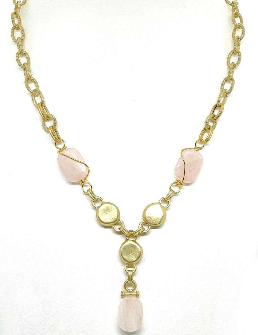 Necklaces * | Deborah Grivas New Arrivals Rose Quartz Matte Gold Linkage Y Necklace