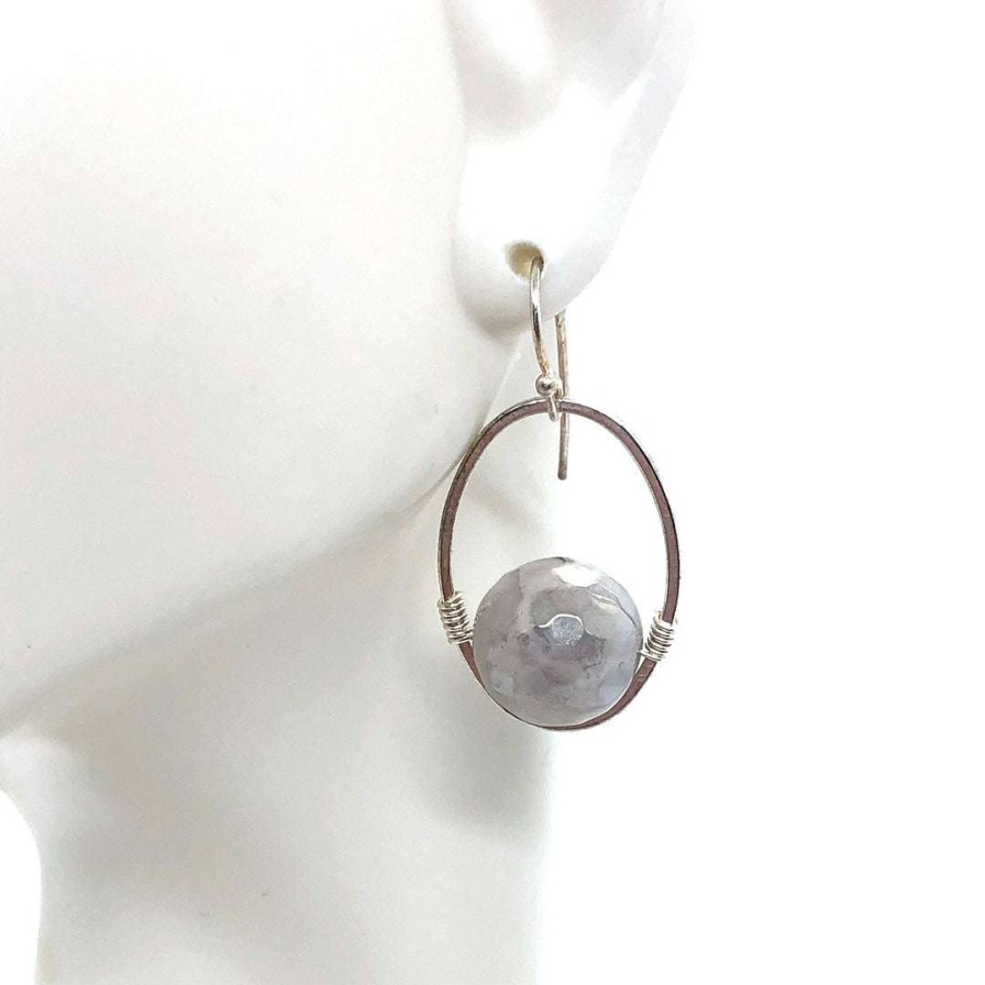 Earrings * | Deborah Grivas Gray Snowflake Glazed Agate Oval Earring