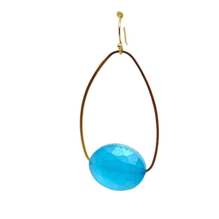 Earrings * | Deborah Grivas Matte Aqua Crystal Inset Matte Gold Oval Earrings