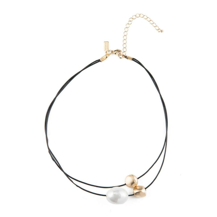 Necklaces * | Deborah Grivas Cotton Pearl And Matte Gold Pebble Bead Black Leather Necklace Necklaces