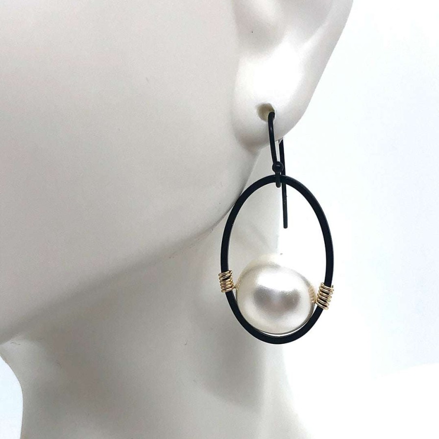 Earrings * | Deborah Grivas Pearl Matte Black Oval Gold Wire Wrap Earrings