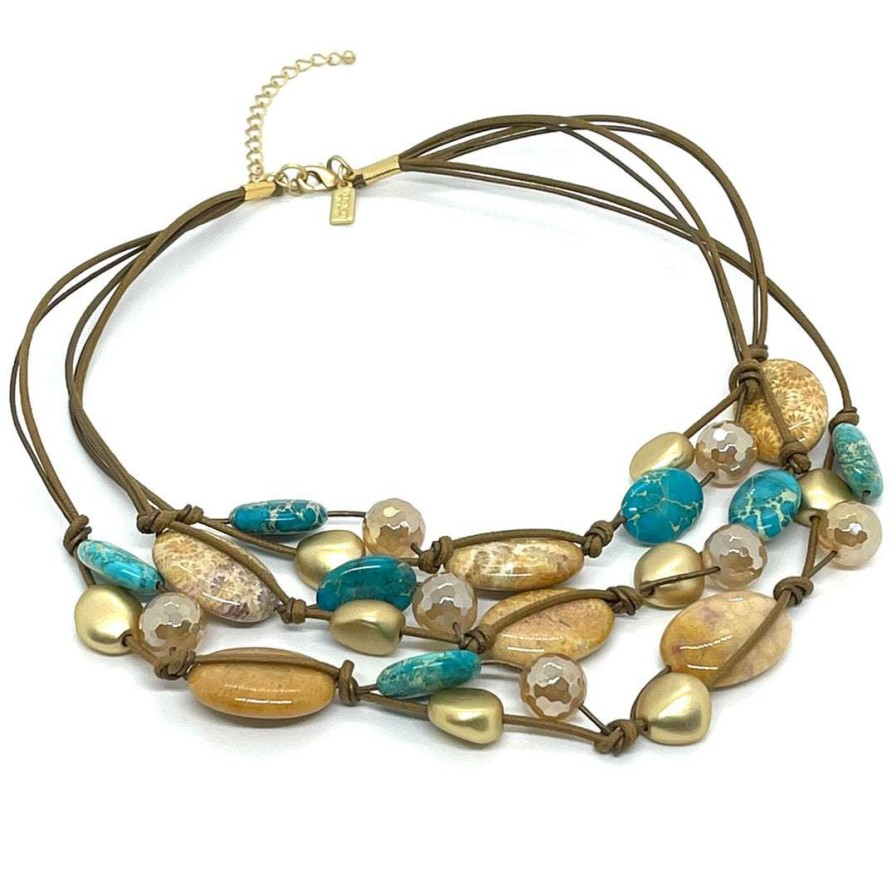 Necklaces * | Deborah Grivas New Arrivals Yellow Fossil Coral And Turquoise Jasper Bronze Linen Toursade Necklace