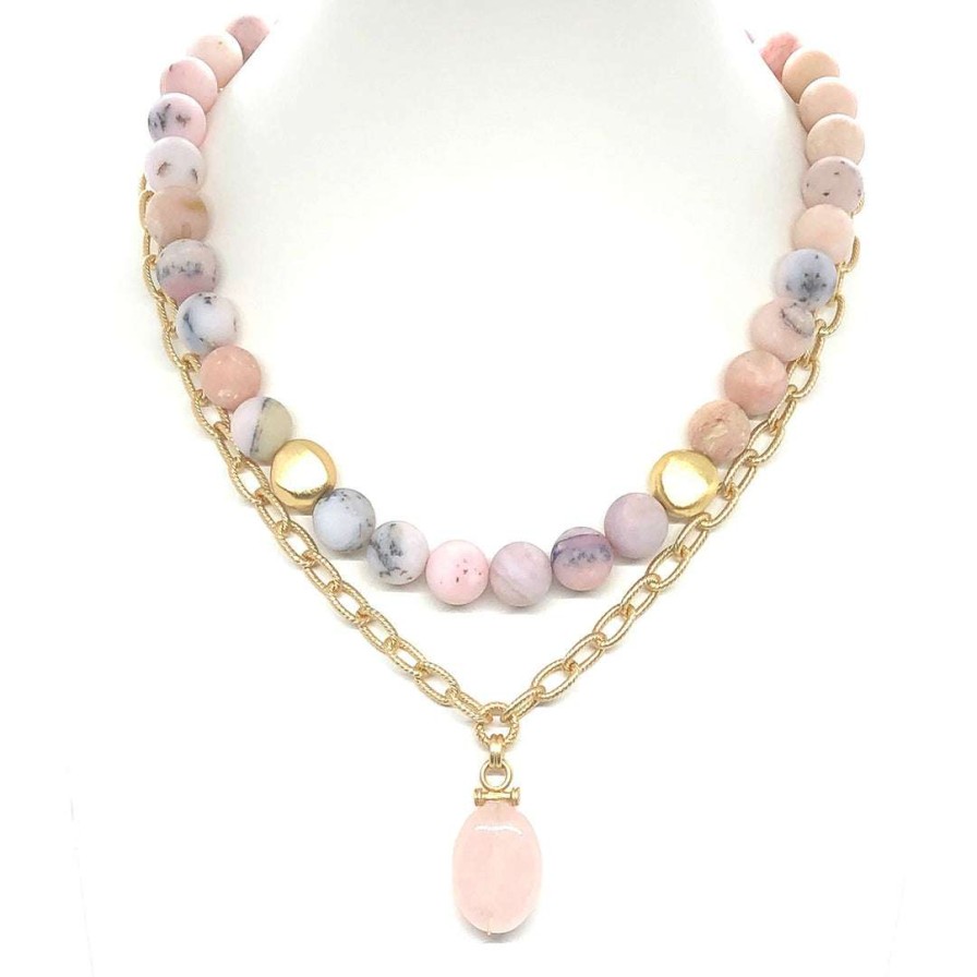 Necklaces * | Deborah Grivas New Arrivals Matte Pink Opal And Rose Quartz Pendant Chain Necklace