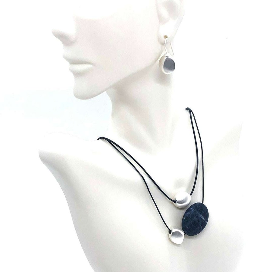 Necklaces * | Deborah Grivas Blue Sodalite With Matte Silver Bead Graduated Navy Leather Necklace Necklaces