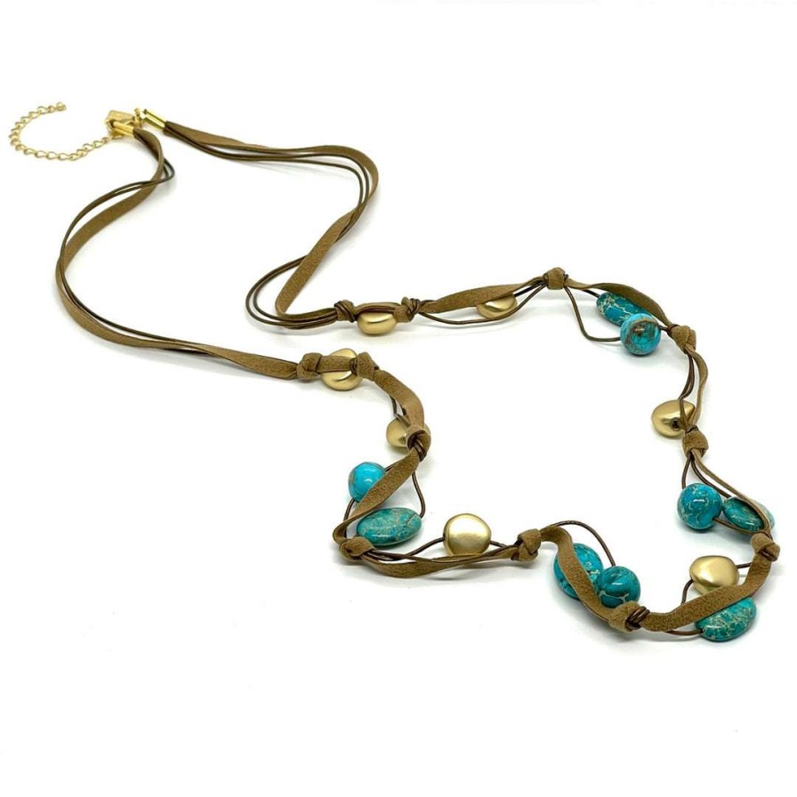 Necklaces * | Deborah Grivas Turquoise Jasper Matte Gold Bronze Suede Layer Necklace