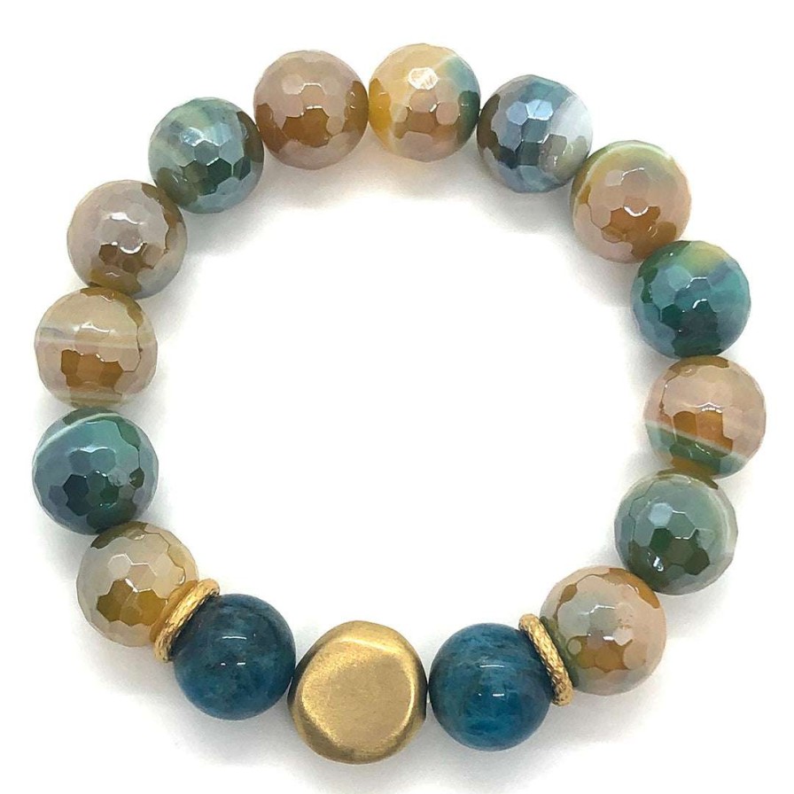 Bracelets * | Deborah Grivas Teal Yellow Glazed Agate Matte Flat Gold Bead Stretch Bracelet