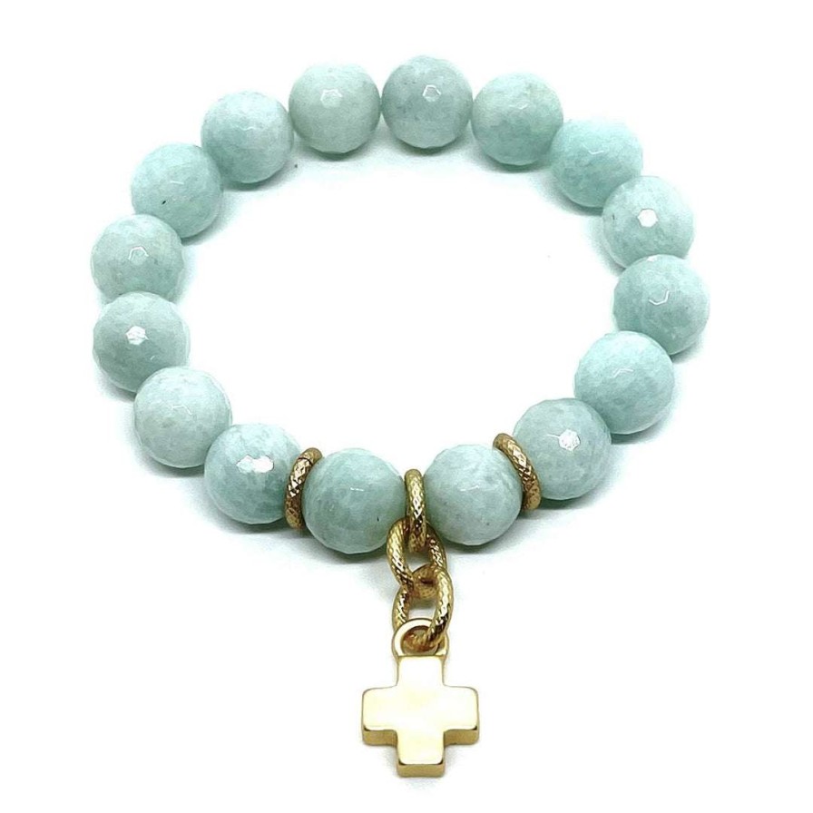 Bracelets * | Deborah Grivas Amazonite Matte Gold Cross Charm Stretch Bracelet