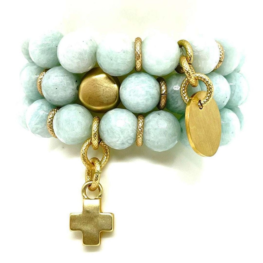 Bracelets * | Deborah Grivas Amazonite Matte Gold Cross Charm Stretch Bracelet