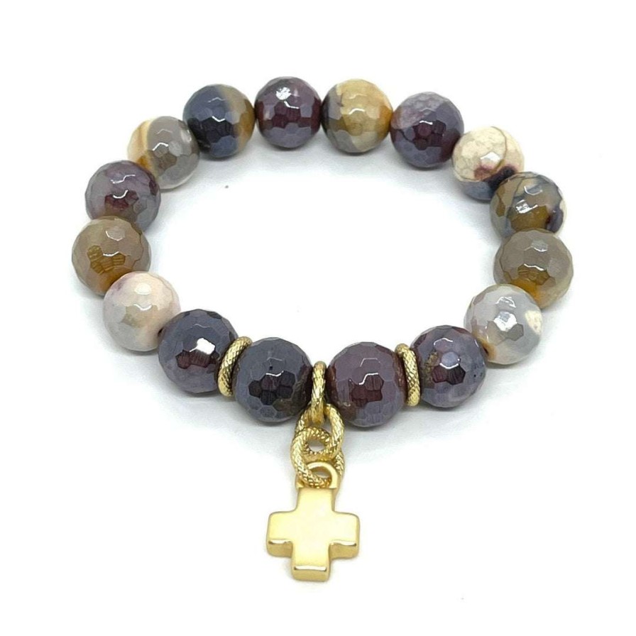 Bracelets * | Deborah Grivas Mookatite Stretch Bracelet With Gold Cross Charm New Arrivals