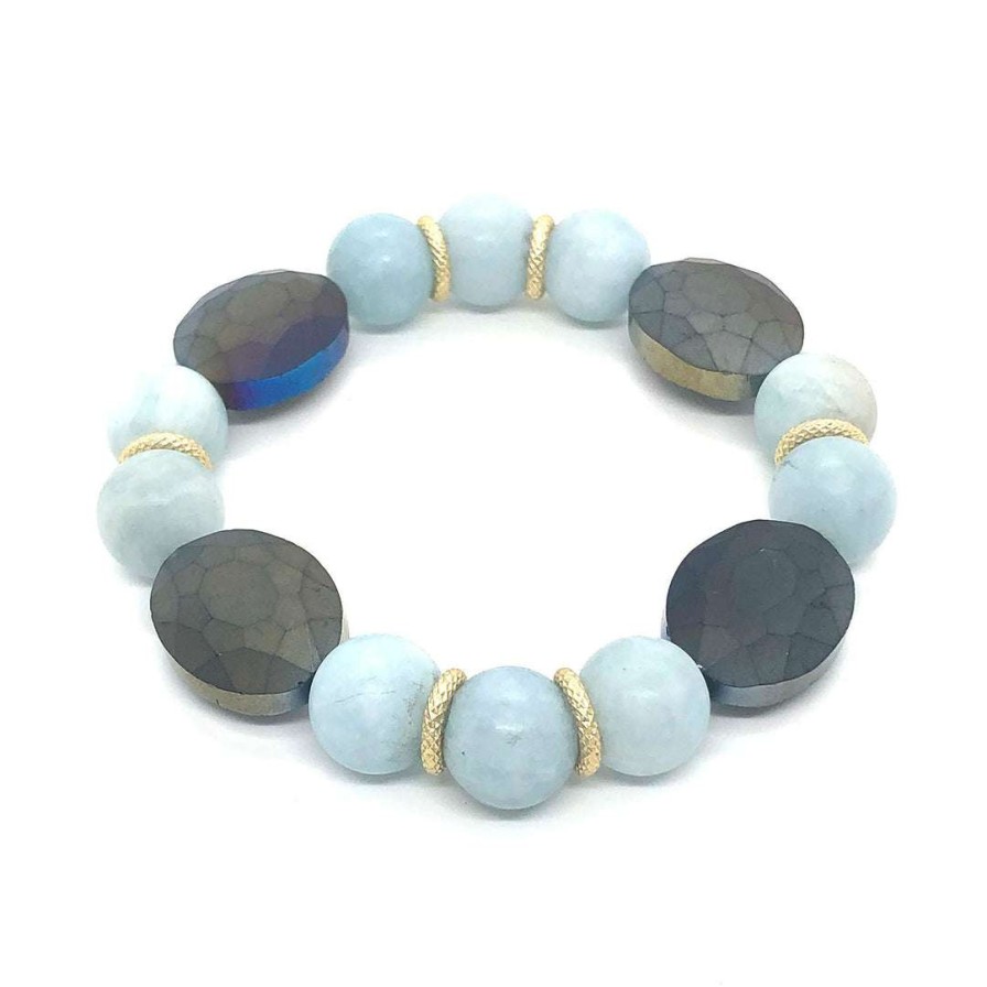 Bracelets * | Deborah Grivas Bracelets Matte Aqua Marine And Matte Gray Crystal Matte Gold Roundel Stretch Bracelet