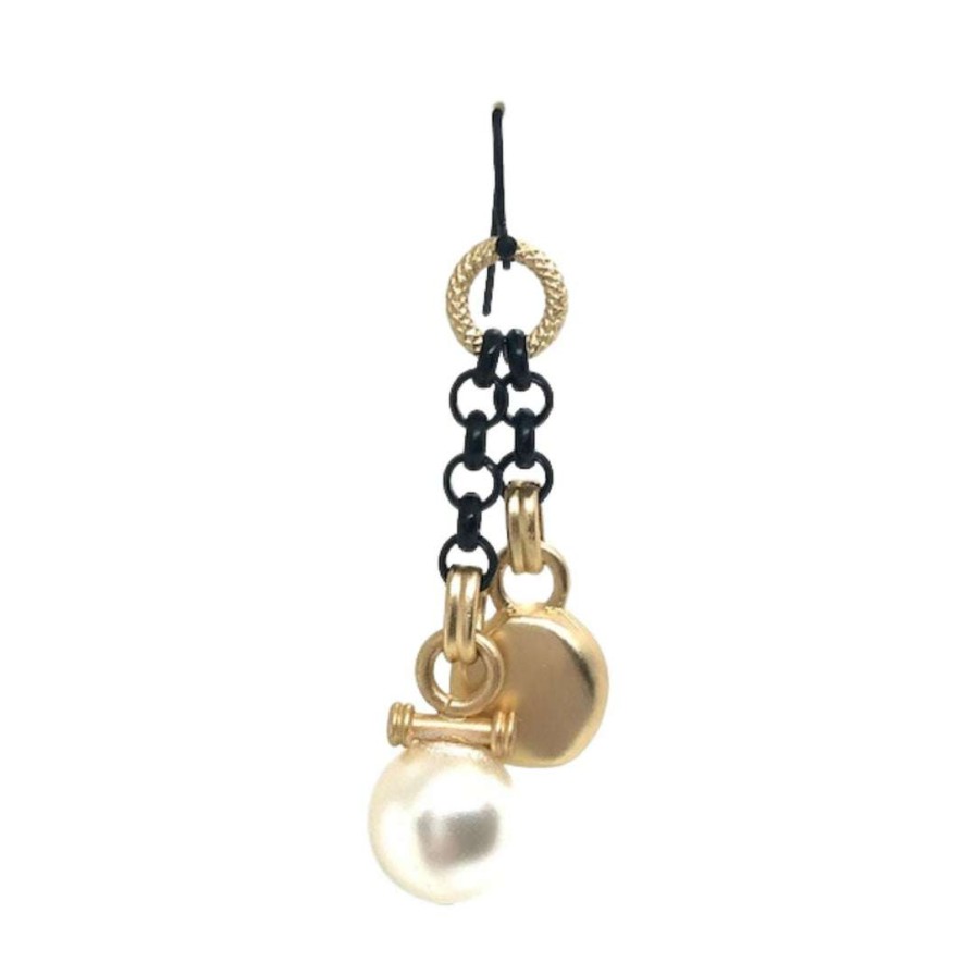 Earrings * | Deborah Grivas White Pearl Matte Black Rolo Chain Matte Gold Charm Earrings