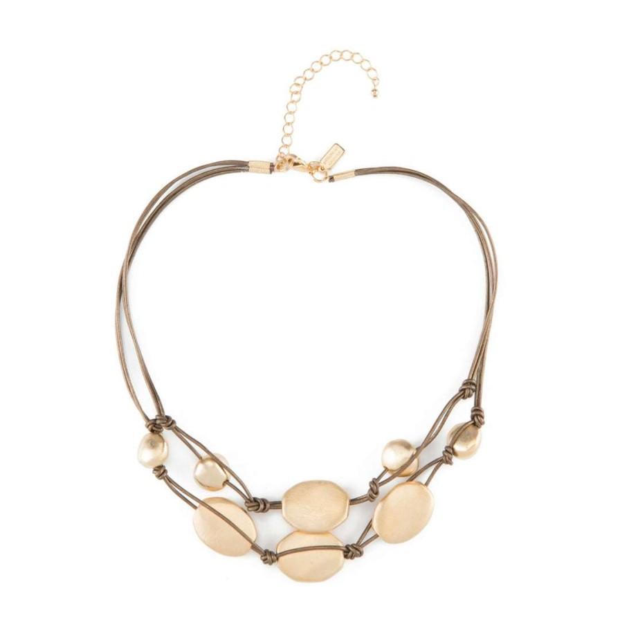 Necklaces * | Deborah Grivas Matte Gold Plate Bead Two Strand Graduated Bronze Leather Necklace