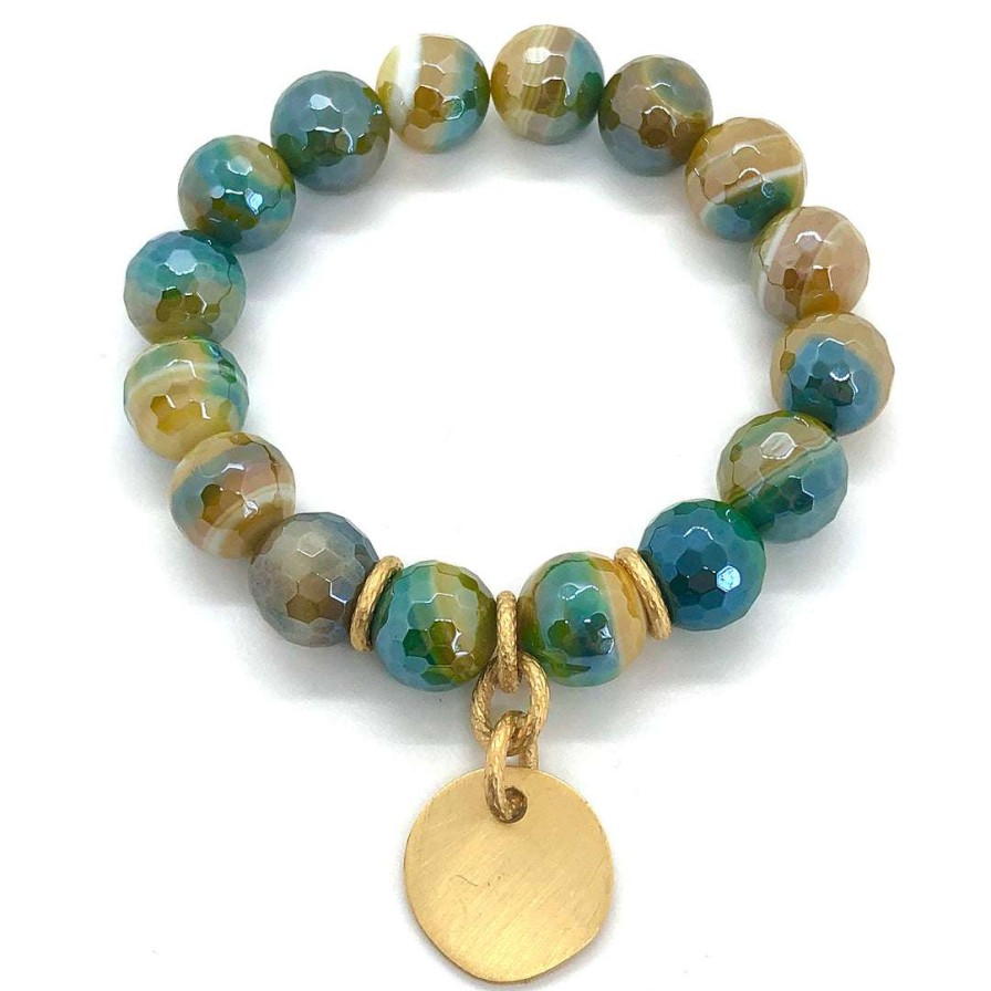 Bracelets * | Deborah Grivas Teal Yellow Glazed Agate Matte Gold Charm Stretch Bracelet