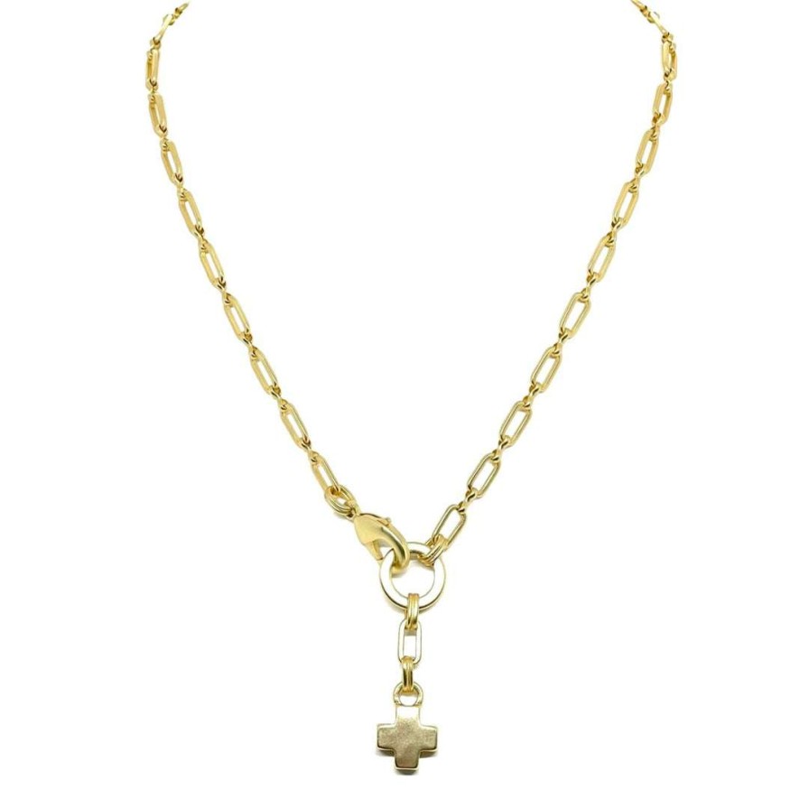 Necklaces * | Deborah Grivas New Arrivals Matte Gold Paperclip Chain Necklace With Cross Pendant