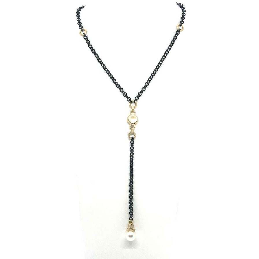 Necklaces * | Deborah Grivas White Pearl Matte Gold Accents Matte Black Rolo Chain Y Necklace