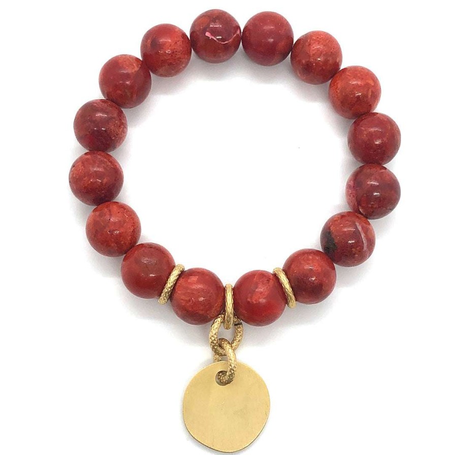 Bracelets * | Deborah Grivas Bracelets Red Sponge Coral Matte Gold Charm Stretch Bracelet