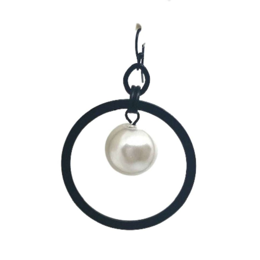 Earrings * | Deborah Grivas Earrings White 14Mm Glass Pearl Matte Black Hoop Earring