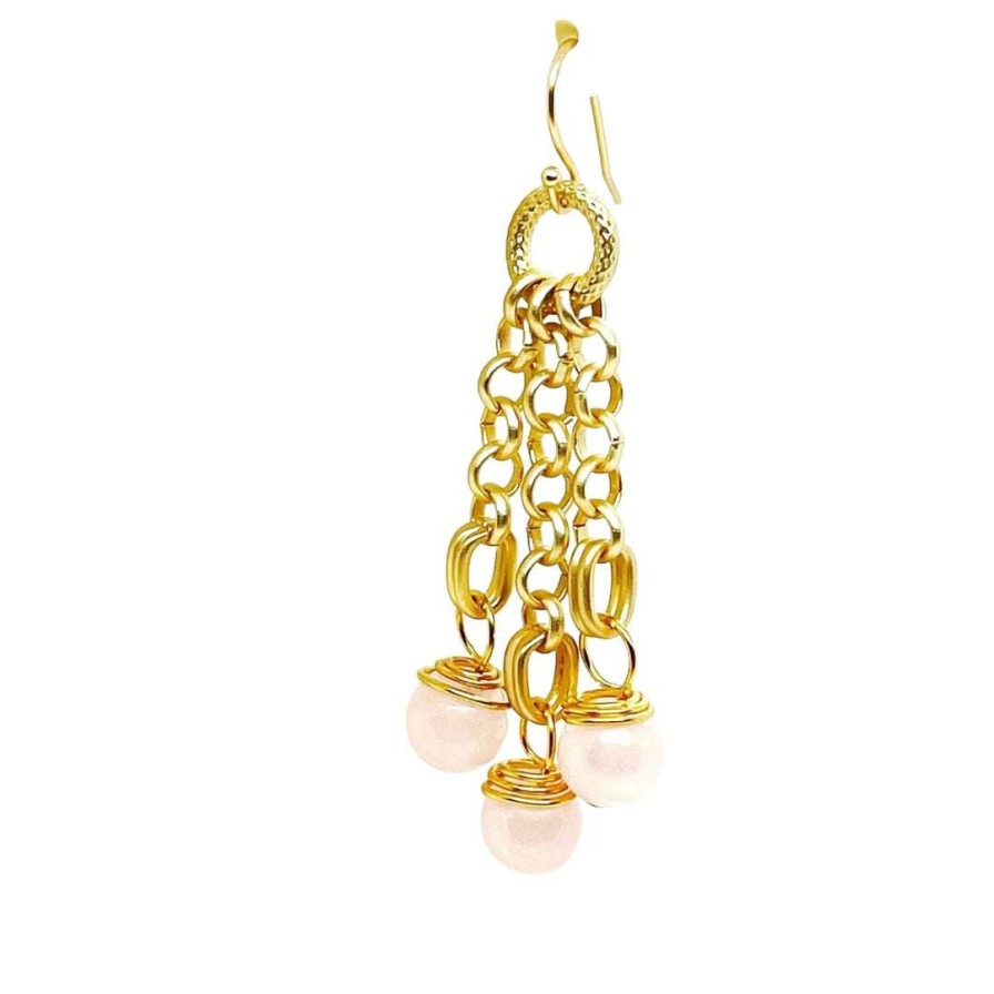 Earrings * | Deborah Grivas Rose Quartz Matte Gold Rolo Chain Earrings