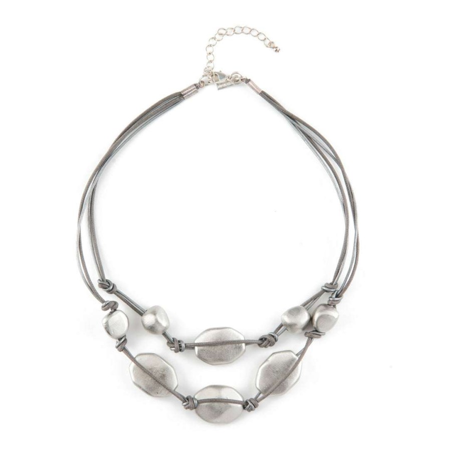 Necklaces * | Deborah Grivas Matte Silver Bead Graduated Platinum Leather Necklace